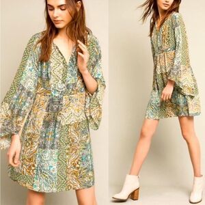 FLOREAT Anthropologie Women's Amelia Green Printed Boho Mini Silk Dress sz 0